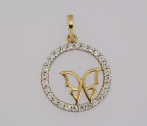 9CT YG CZ CIRCLE BUTTERFLY PENDANT   14MM