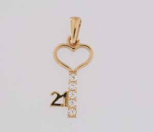 9CT YG CZ 21ST KEY PENDANT  15MM