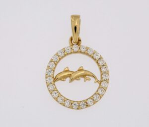 9CT YG CZ CIRCLE DOLPHIN PENDANT