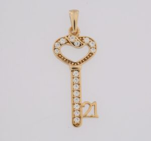 9CT YG CZ 21ST KEY PENDANT   20MM
